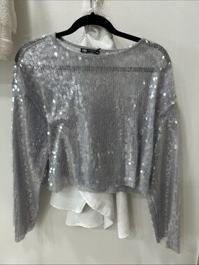 Zara Silver Sequin Knit Long-Sleeve Crop Sweater